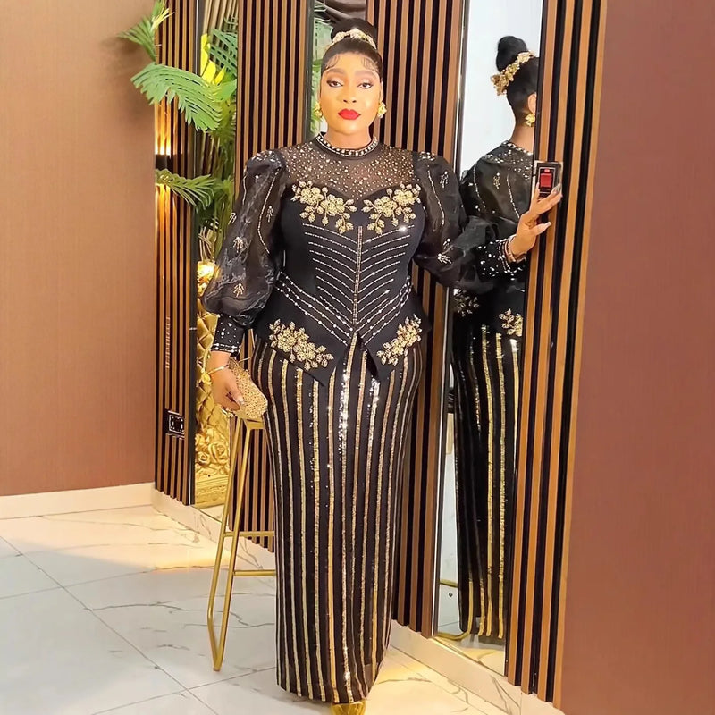 African Dresses for Women 2025 New Fashion Plus Size Sequin Evening Party Long Dress Dashiki Ankara Outfits Robe African Clothes