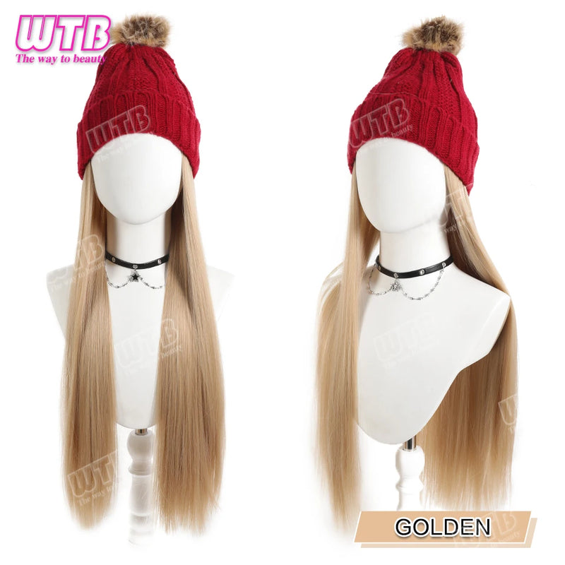 WTB Wavy Curly Hair Hat Wig Long Hair Black/Golden Beret Autumn Winter Hat Chemical Fiber Wig Hair Extensions Hair Accessories