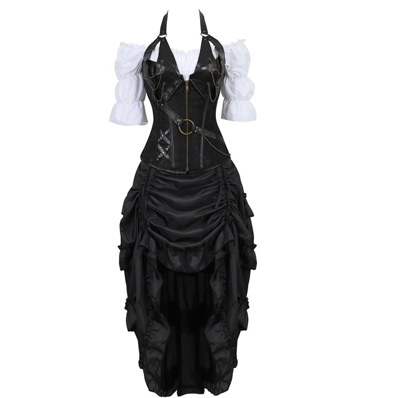 corset steampunk dress bustiers corset skirt three-piece leather pirate lingerie corsetto irregular burlesque plus size black