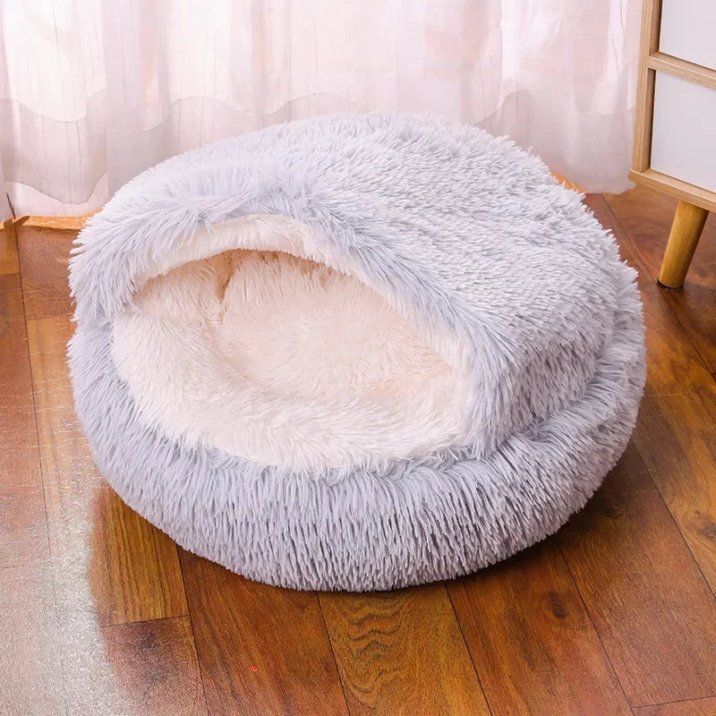 Cama redonda de pelúcia macia para gatos, colchão para animais de estimação, cesta quente e confortável, 2 em 1, saco de dormir, ninho para cães pequenos