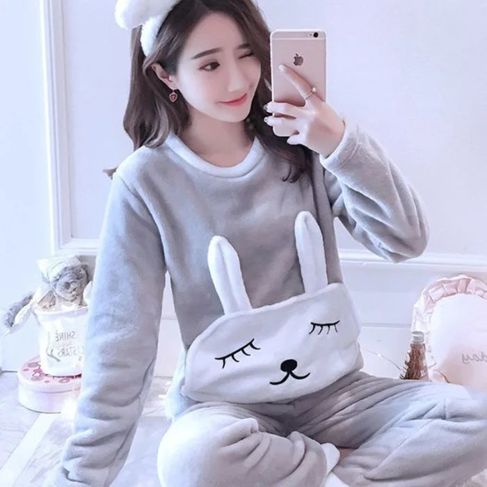 Thickened Warm Flannel Women Pajamas Loungewear Striped Top and Trousers Sleepwear Homewear Cartoon Rabbit Panda Nightwear