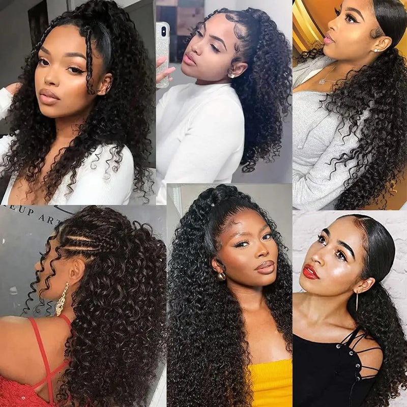 Extensões encaracolados perversos do rabo de cavalo do cabelo humano para mulheres, cordão, grampo-dentro