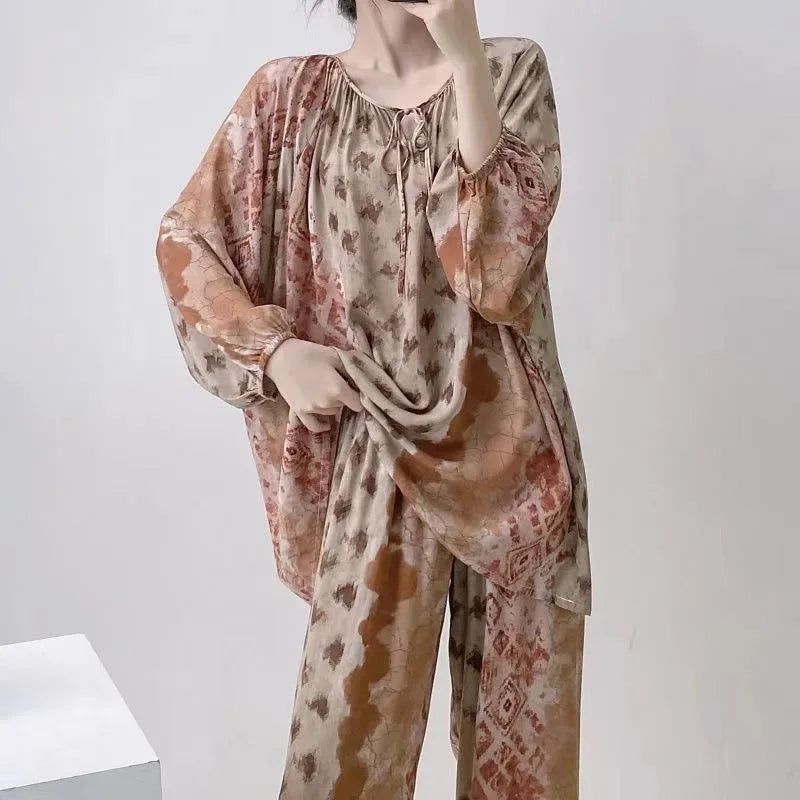 Spring Autumn Cotton Silk Sleepwear Women Loose Thin Home Clothes Set Large Size V-neck Comfortable Breathable Home Fashion