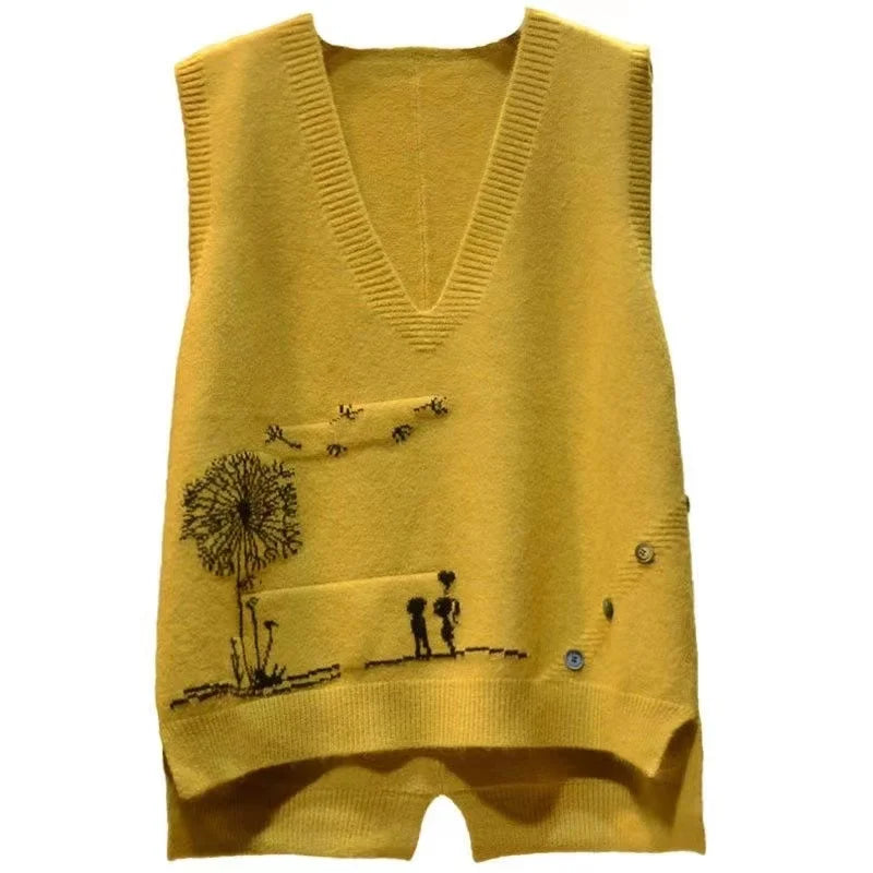 Artistic Knitted Sweater Vest Women's Faionable Yarn Top V-ne Button Detail Regular Length Pure Color Commute Sle