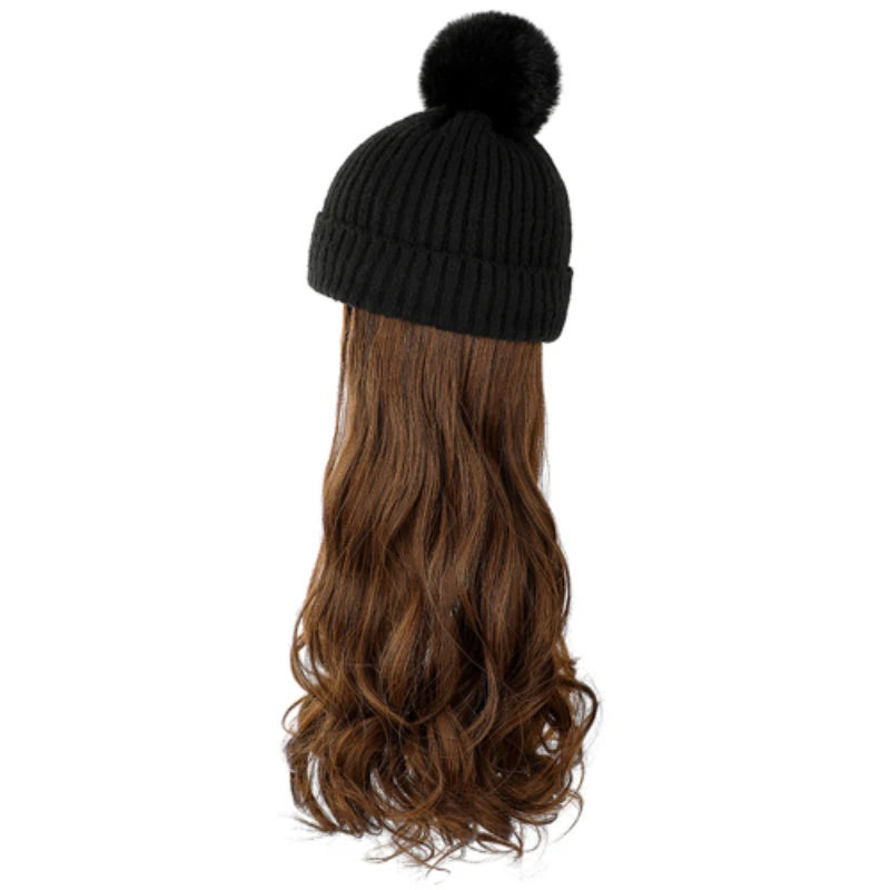 Fashion Hat Wig Brimless Cap with Long Curly Wave Hair Extensions Knitted Synthetic Removable Hairs Piece for Women Winter Use