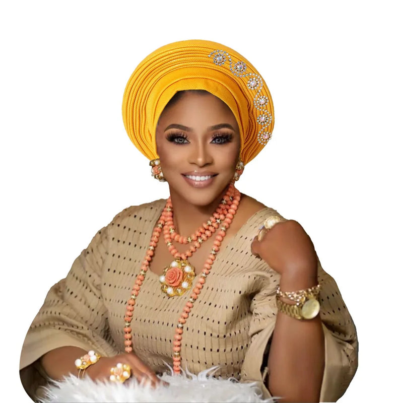 New African Headtie Turban Nigeria Head Ties with Flowers Already Made Auto Gele Women Head Wraps for Wedding Party