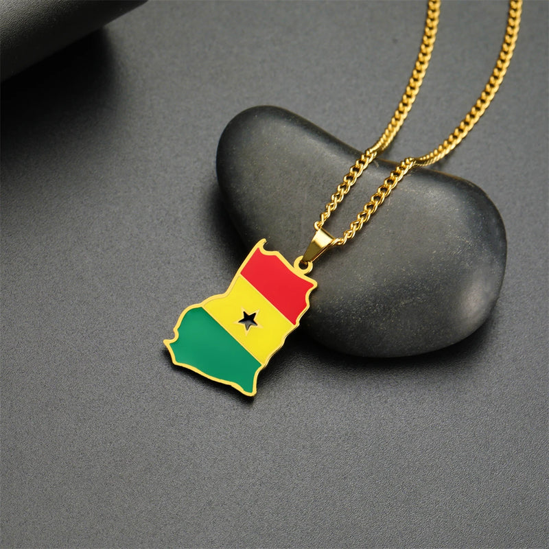 EUEAVAN Enamel Africa Ghana Map Flag Pendant Necklace Men Women Stainless Steel Gold Silver Color African Ghanaian Jewelry Gifts
