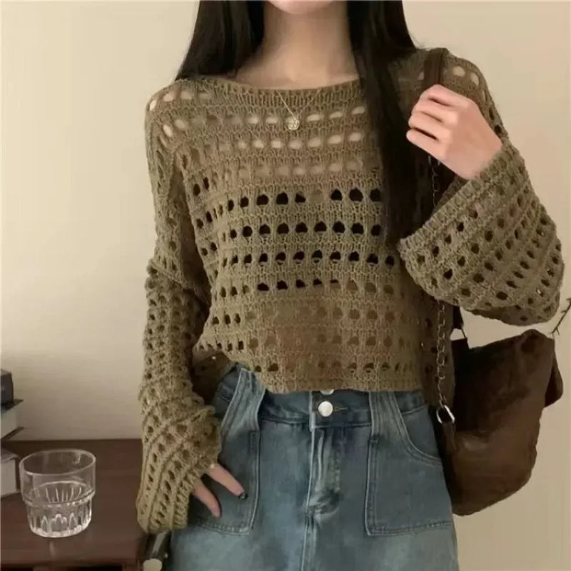 Women Crochet Knit Hollow Out Crop Top Long Sleeve Shrug Sweater Mesh Cover Ups Cardigan Streetwear Pullover Women Clothes Y2k