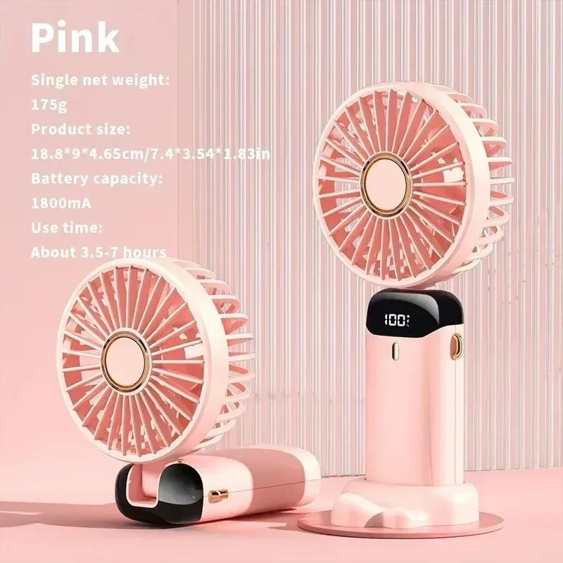 USB Rechargeable Handheld Mini Fan Foldable Portable Fan 5 Speed Levels LED Display Dual Battery 360° Adjustable Home Travel Use
