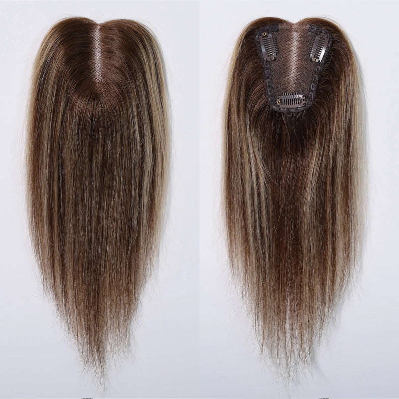 Toppers de cabelo humano 100% real para mulheres ombre marrom loiro topper de cabelo 3.5*4 polegadas base de renda clipe em extensões de cabelo para perda de cabelo