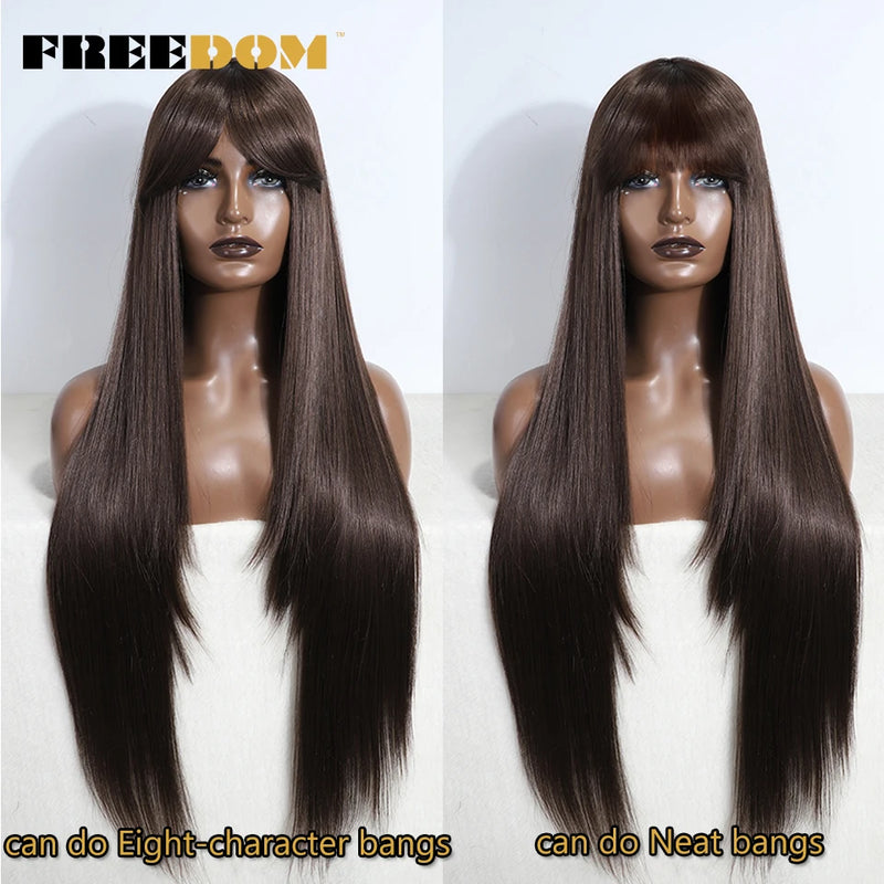 FREEDOM Synthetic Wigs For Women Long Straight Wig With Bangs White Burgundy Ombre Brown Wig Heat Resistant Fiber Cosplay Wigs