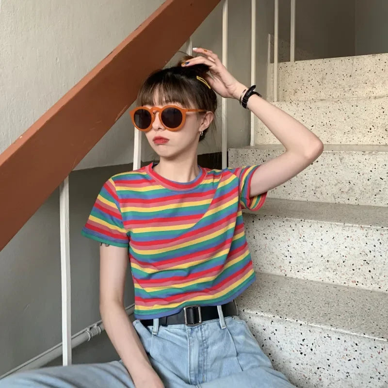 2024 New Summer Cropped Short Sleeve T-Shirt Women's Trendy Loose Fit Rainbow Stripe Crew Neck T-Shirt CECLAW