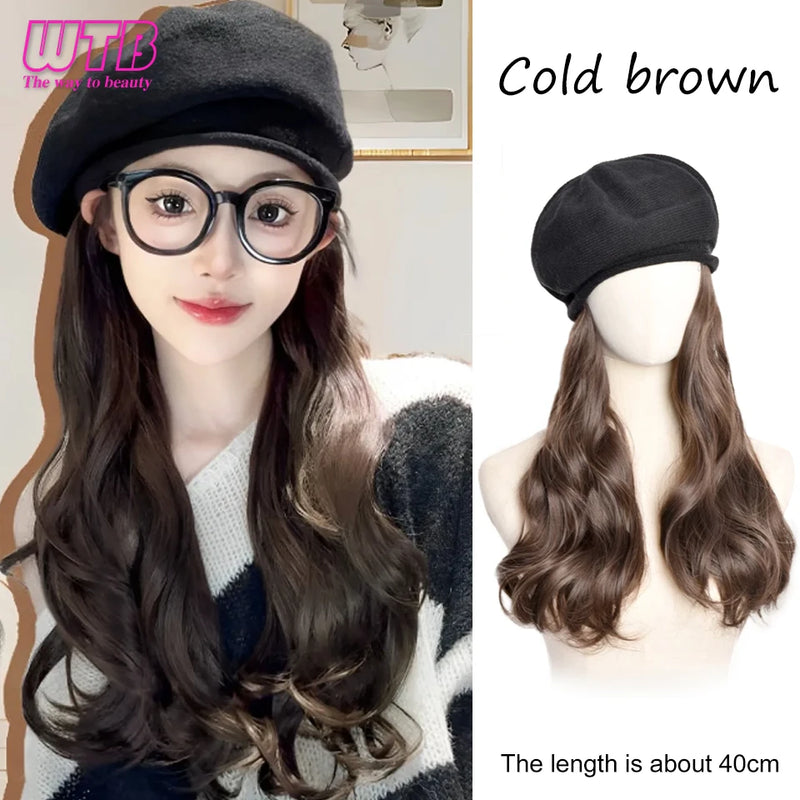 WTB Wavy Curly Hair Hat Wig Long Hair Black/Golden Beret Autumn Winter Hat Chemical Fiber Wig Hair Extensions Hair Accessories