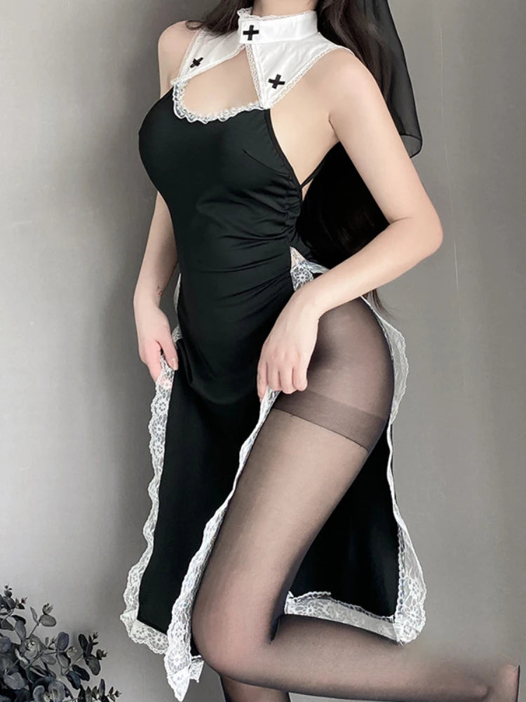 Cosplay freira série uniforme halloween impertinente feminino lingerie erótica convento medieval sexy irmã vestido conjunto trajes