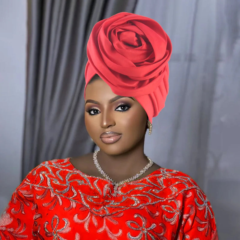 Raw Silk Big Rose Flower African Turban Caps for Women Headwear Head Wraps Nigerian Wedding Geles Party Headgear Bonnet