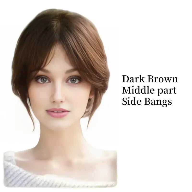 Adesivos de cabelo humano com gancho e laço, pasta mágica, toppers de cabelo para mulheres, sem clipe, cabelo humano, divisão intermediária, franja lateral de 10 polegadas