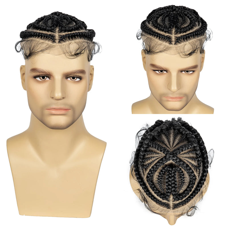 Men's Toupee Hair HD Full Lace Male Hairpieces with Cornrow Braids White Hair Reaplcement Synthetic Short Hair Topper for Men