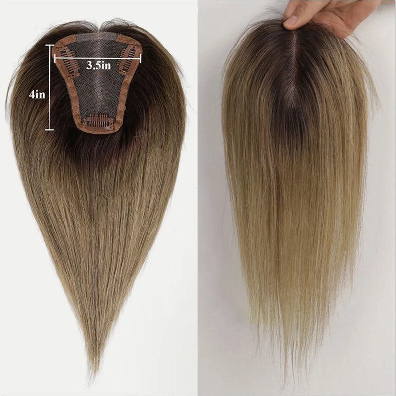 Toppers de cabelo humano 100% real para mulheres ombre marrom loiro topper de cabelo 3.5*4 polegadas base de renda clipe em extensões de cabelo para perda de cabelo