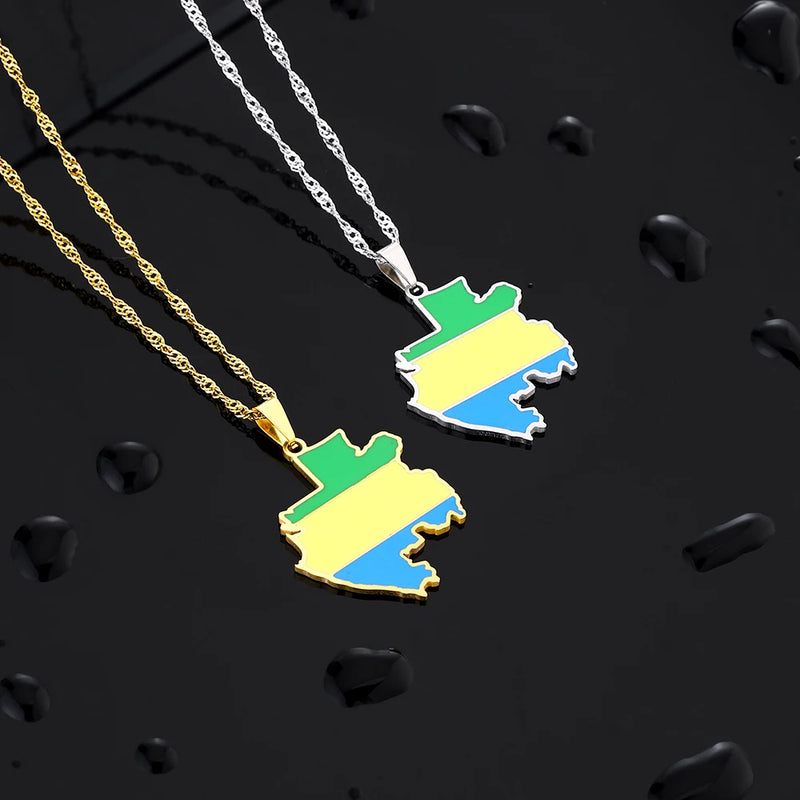 Fashion Enamel Drop Oil Gabon Map Flag Pendant Necklace For Women Stainless Steel Gabonaise Charm Jewelry Patriotic Gift