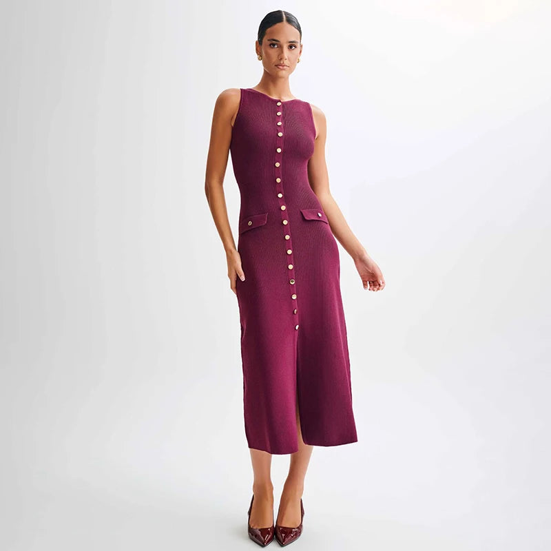Taruxy elegante sem mangas único breasted com nervuras malhas vestido longo para mulheres cintura alta bodycon malha vestido de bolso falso novo