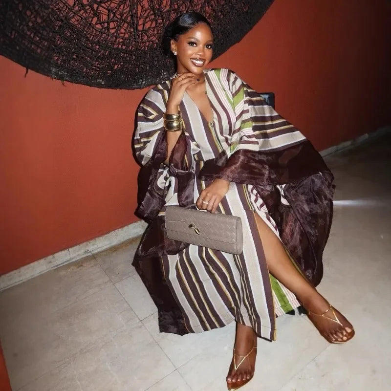 Dashiki African Dresses for Women Summer Fashion African V-neck Long Sleeve Plus Size Long Maxi Dress Kaftan Abaya Dress Outfits