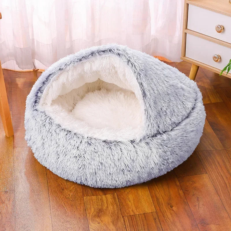 Cama redonda de pelúcia macia para gatos, colchão para animais de estimação, cesta quente e confortável, 2 em 1, saco de dormir, ninho para cães pequenos