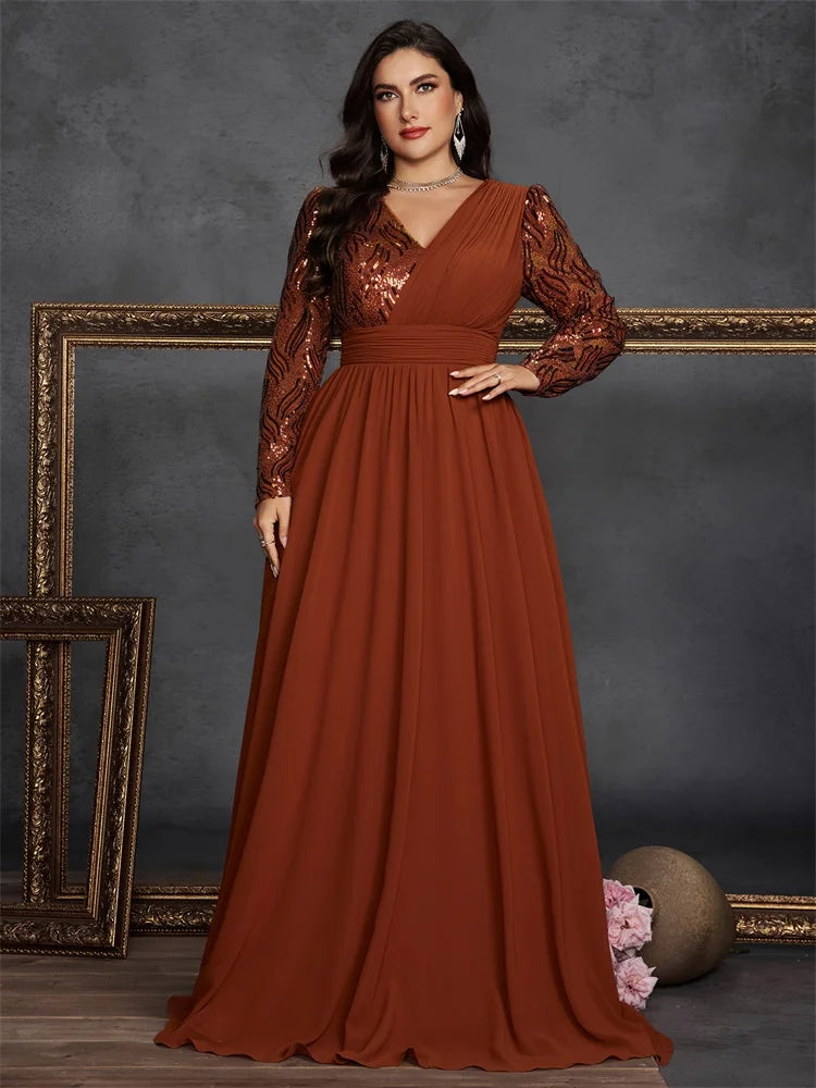 Lucyinlove Plus Size Luxury Chiffon Splicing Long Sleeve Evening Dresses Women Sequins Wedding Party Cocktail Floor Lenght Gowns
