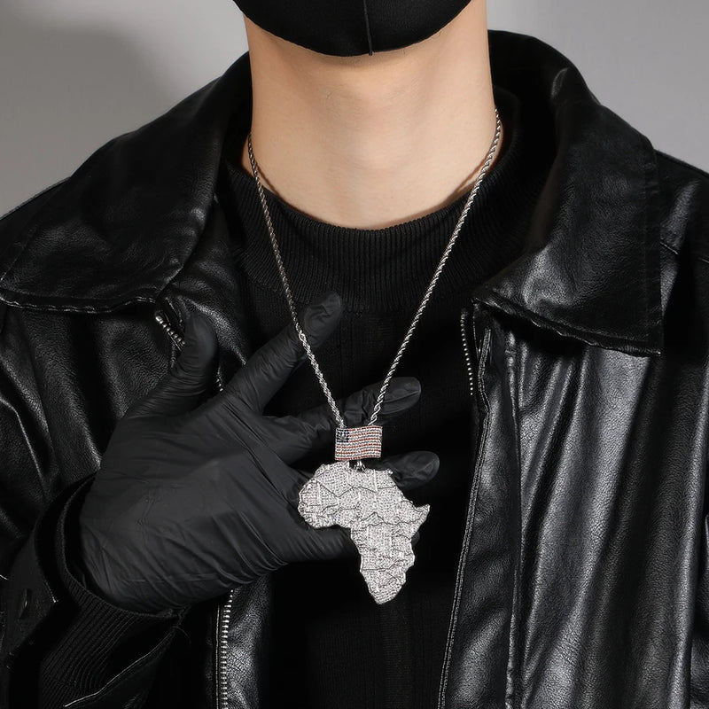 THE BLING KING Large Africa Map Shaped Pendant Necklace With America Flag Bail Full Iced Out Cubic Zirconia Rock Hip Hop Jewelry