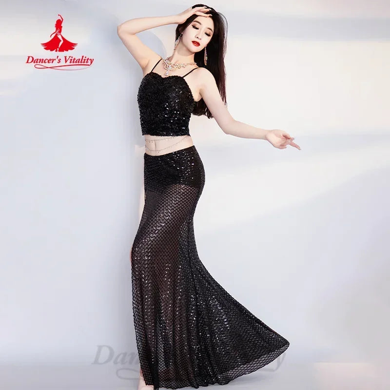 Belly Dance Practice Set for Women Sequin Sleeveless Top+Sexy Split Long Skirt 2pcs Adult Oriental Dance Performance Costumes