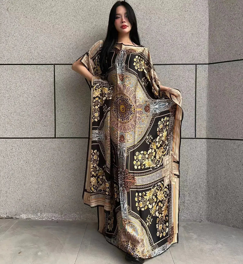 Winyi africano muçulmano senhora verão boho moda impresso kaftan vestido de férias solto streetwear abaya com cinto vestido de praia