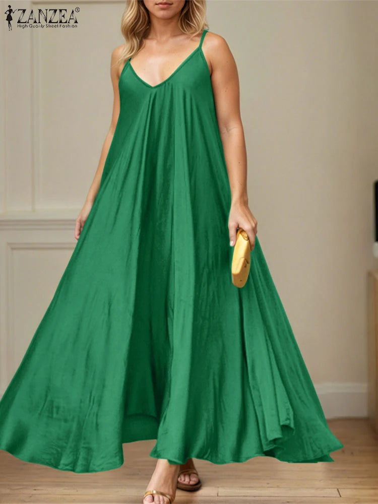 ZANZEA Sleeveless 2025 Summer A-Line Robes Femme Casual Vacation Woman Spaghetti Straps Sundress Day Wear V-Neck Maxi Dresses