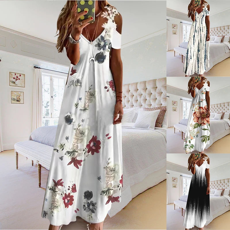 Women Summer Casual Long Dress 2022 Hollow Out Short Sleeve A-Line Lady Length Beach Boho Party Elegant Dresses