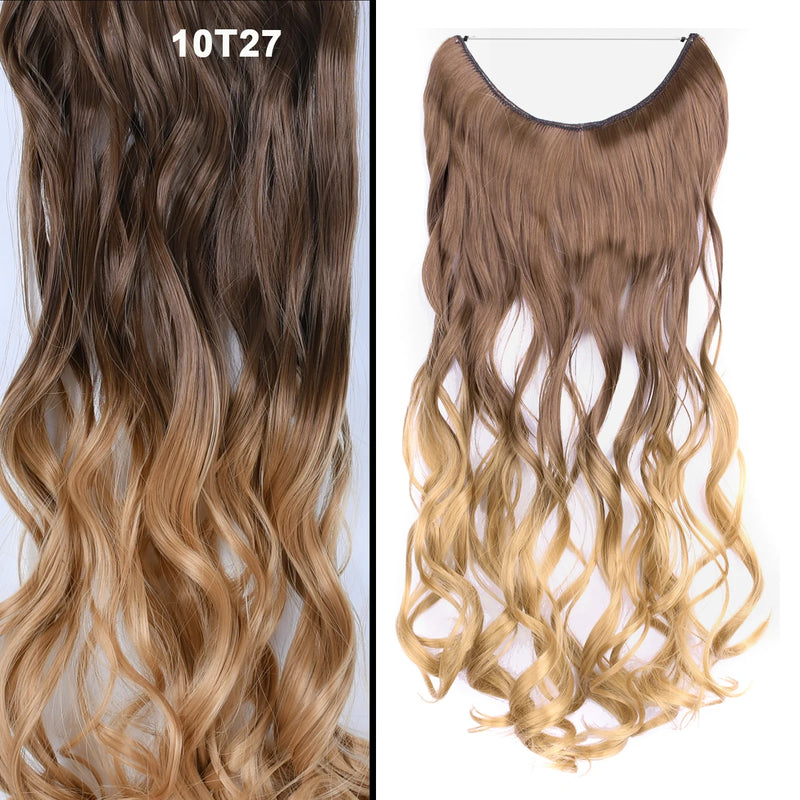 Jeedou One Piece Synthetic Hair Extension No Clips Whit Invisible Line Straight&Wavy Hair Hairpieces Brown Blue Ombre Color