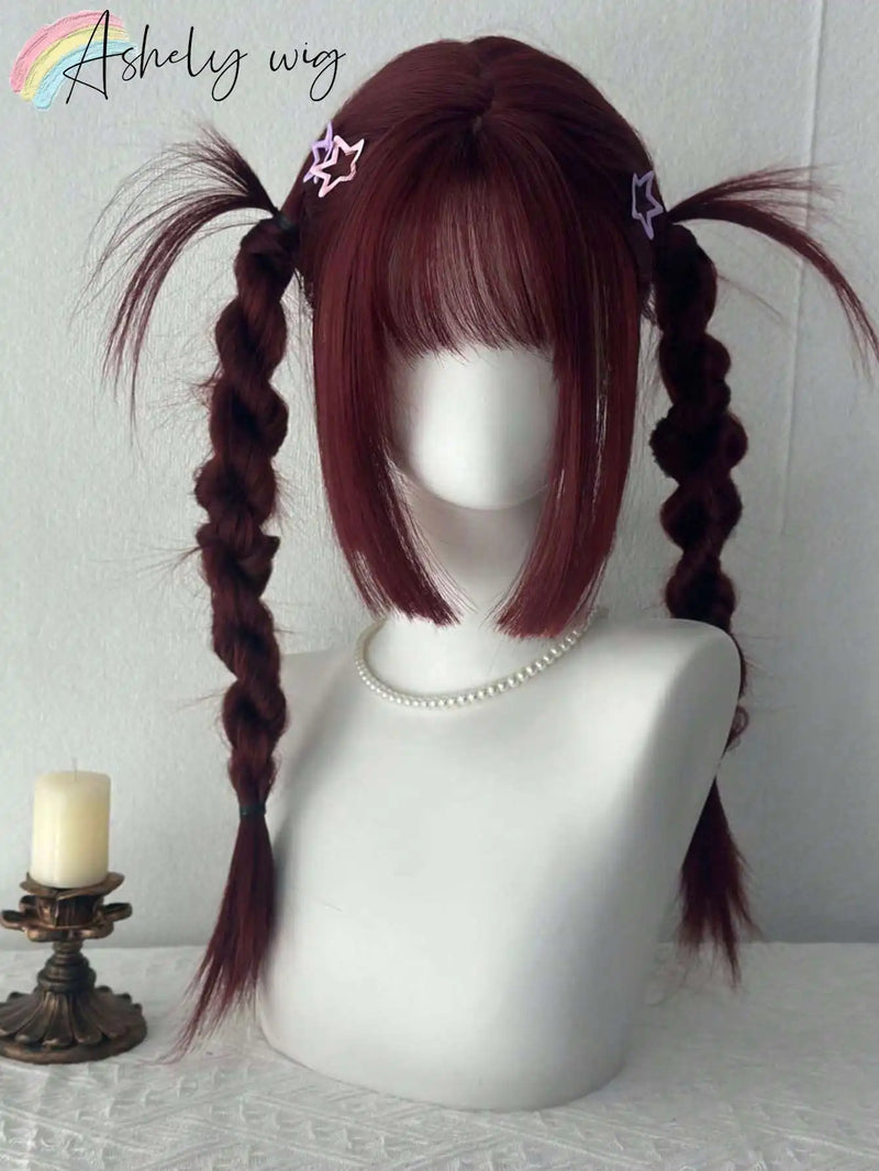 Ashely Cosplay Burgundy Long Straight Wig with Bangs 24 Inch Red Synthetic Wigs for Women Fashion Daily Party Wigs Lolita Wig