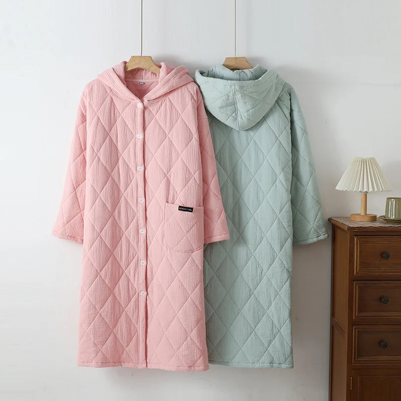 Autumn Winter Women Warm Cotton with Filler Robe Ladies Hoodie Bathrobe Female Long Sleeve Dressing Gown Robes Home Clothes