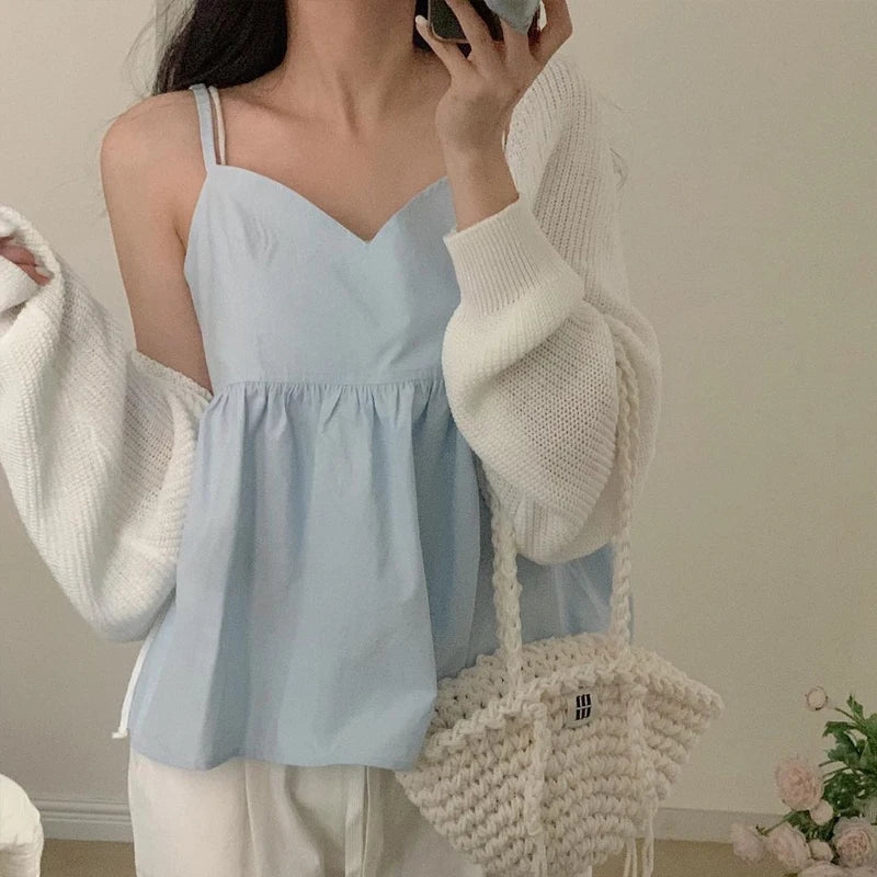 Chic V-Ne Women's Vest 2024 New Summer Inner Wear Folded Strap Top Age-Defng Beautiful ort Pure Color Commute Sle