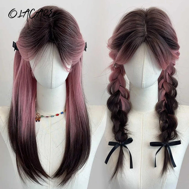 OLACARE  Synthetic Long Straight Lolita Wig with Bang Black Red Two-Tone Cosplay Party Halloween Christmas Wavy Curly Wig