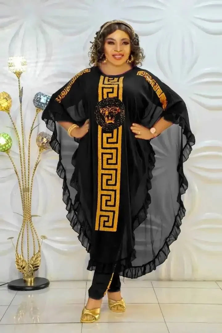 African Plus Size Chiffon Medium-Length Three-Piece Suit Ultra-Fine Fiber Five-Sleeve Fly Sleeve Chiffon Skirt Set