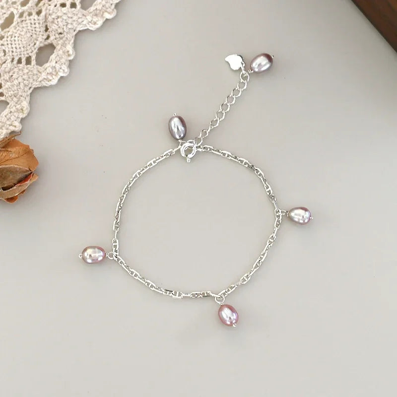ASHIQI White Purple Natural Freshwater Pearl 925 Sterling Silver Bracelet for Girl Gifts Fashion Jewelry