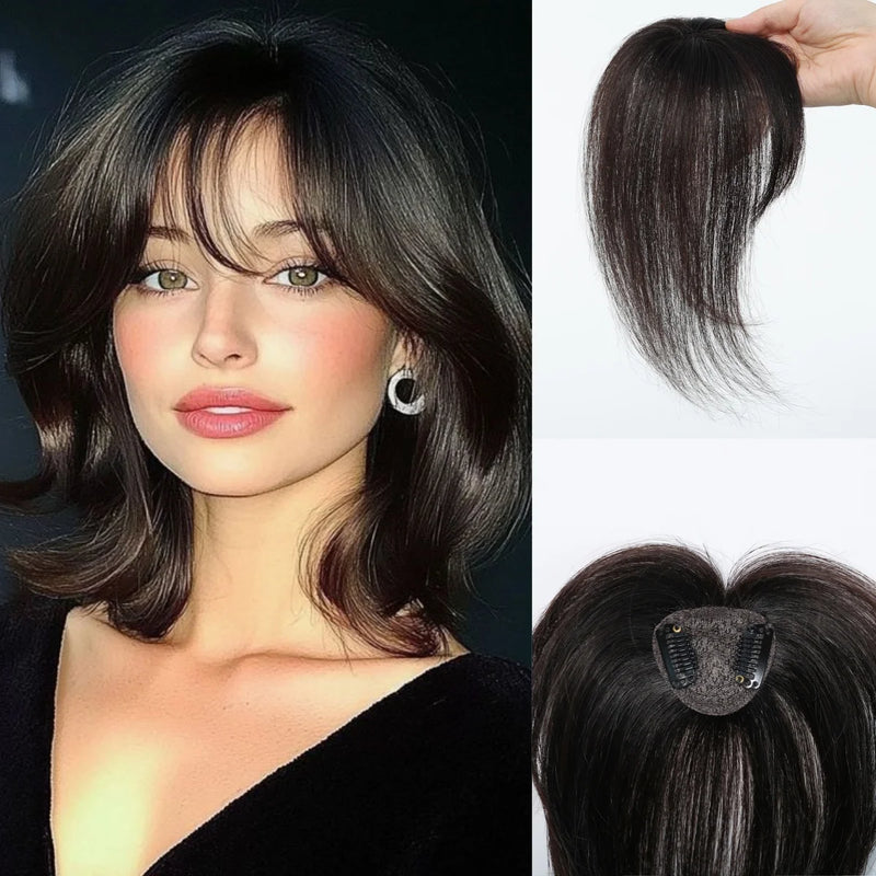 Topper de cabelo humano remy marrom escuro com franja de ar moda toppers de cabelo reto para mulheres uso diário clipe em extensões de cabelo