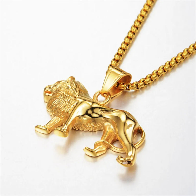 Punk South African Animal King Lion Pendant Gold Color Stainless Steel Chain Necklace for Women Men Africa Jewelry Male Gift