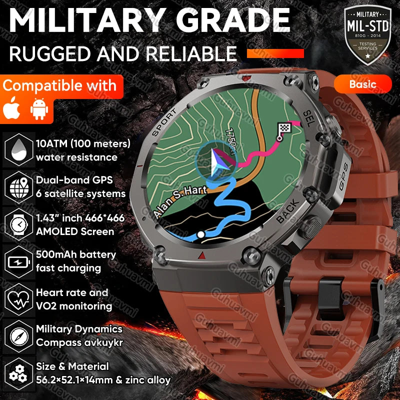Novo t-rex 3 banda dupla gps militar relógio inteligente 48mm 10atm resistente à água 500mah bateria bússola altímetro smartwatch para huawei