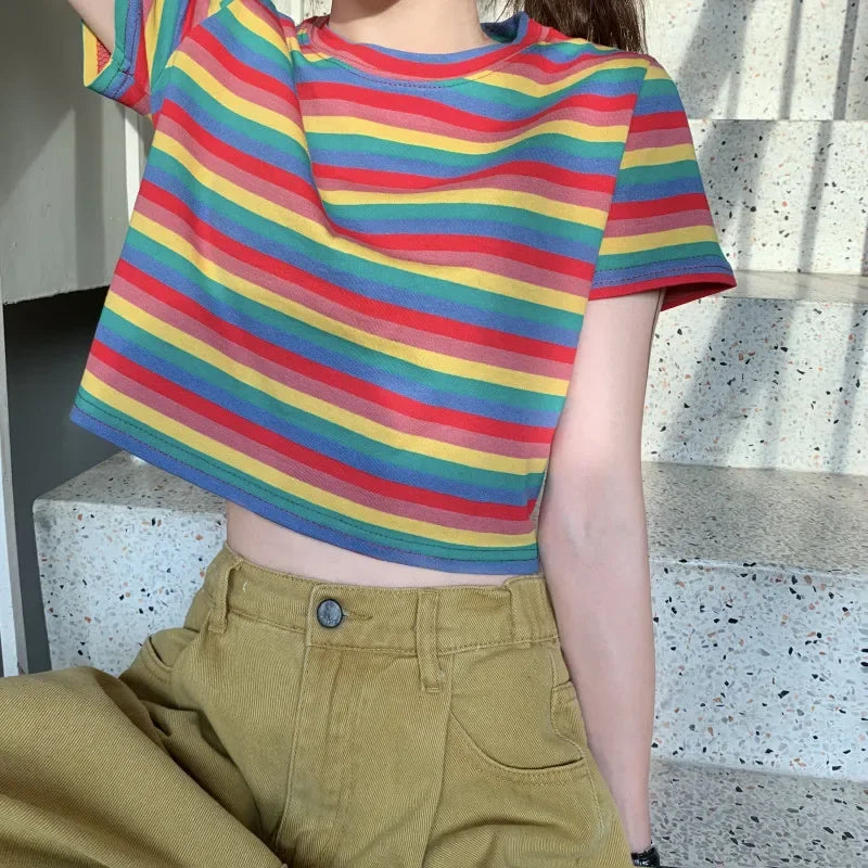 2024 New Summer Cropped Short Sleeve T-Shirt Women's Trendy Loose Fit Rainbow Stripe Crew Neck T-Shirt CECLAW