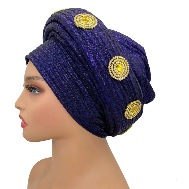 Already Made African Headtie Glitter Diamonds Women's Turban Cap Female Head Wraps Nigeria Wedding Auto Geles Party Headwear Hat