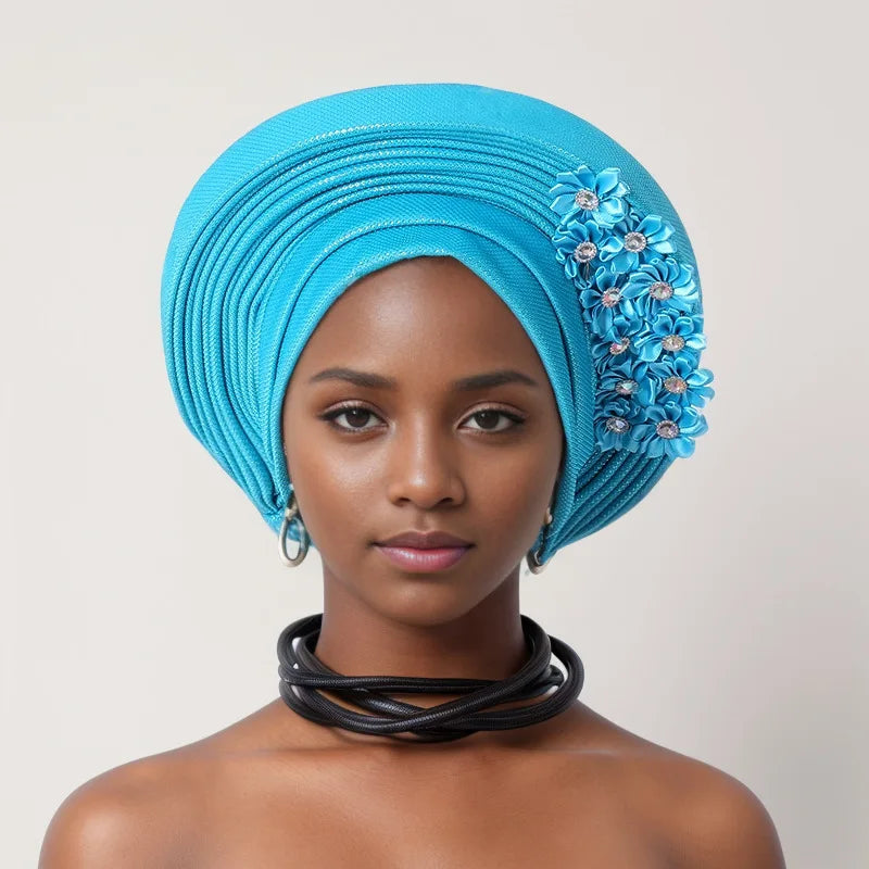 Vermelho Multi-Layered chapéu de turbante, Africano Fan Shaped cabeça Wraps, Headwear plissado com Cristal, Nigéria Headtie, Auto Gele, Casamento