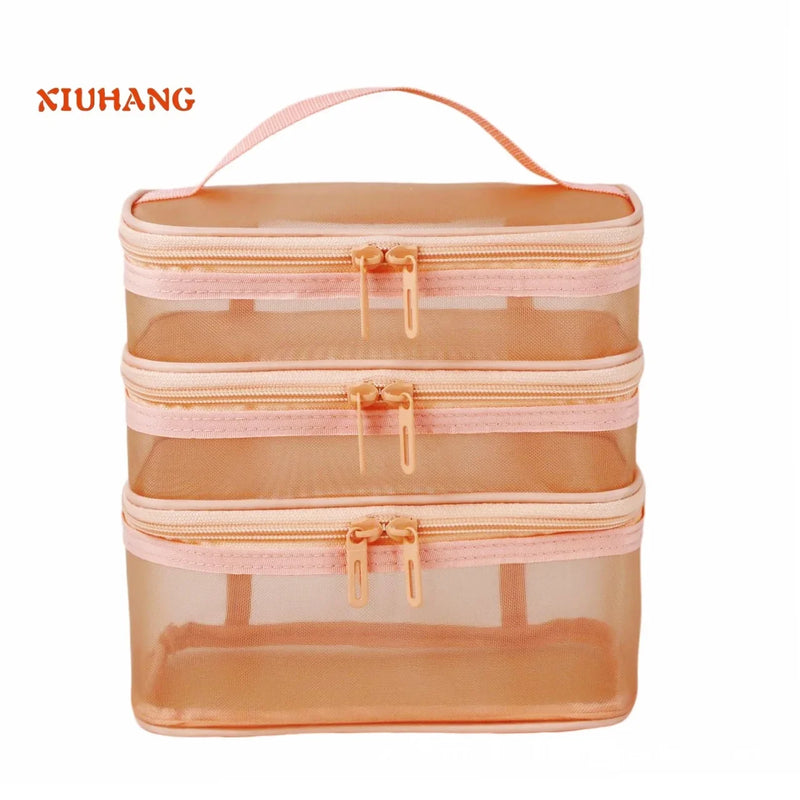 Women's Transparent Mesh Travel Cosmetic Bag Makeup and Toiletries Kit Storage Bag Make Up Organizer Bag