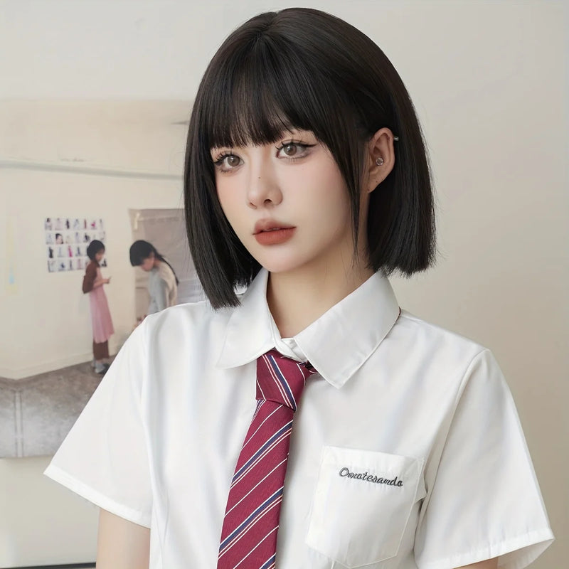 Routine Bob Wigs Short Straight Black Wig with Bangs High Density Synthetic Fluffy Bob Wigs for Women Girls Daily Use 12.59 Inch