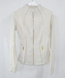 Jaqueta de ioga feminina com zíper dourado |     Cardigan Slim Fit com gola alta |     Bainha antiderrapante e furos para polegares |     Ela alta de secagem rápida