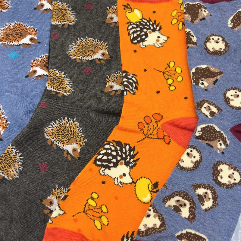 1Pair Adult Size Mid Calf Crew Cartoon Hedgehog Cottton Unisex Socks British Style Casual Harajuku Forest Animal Art Couple Fun