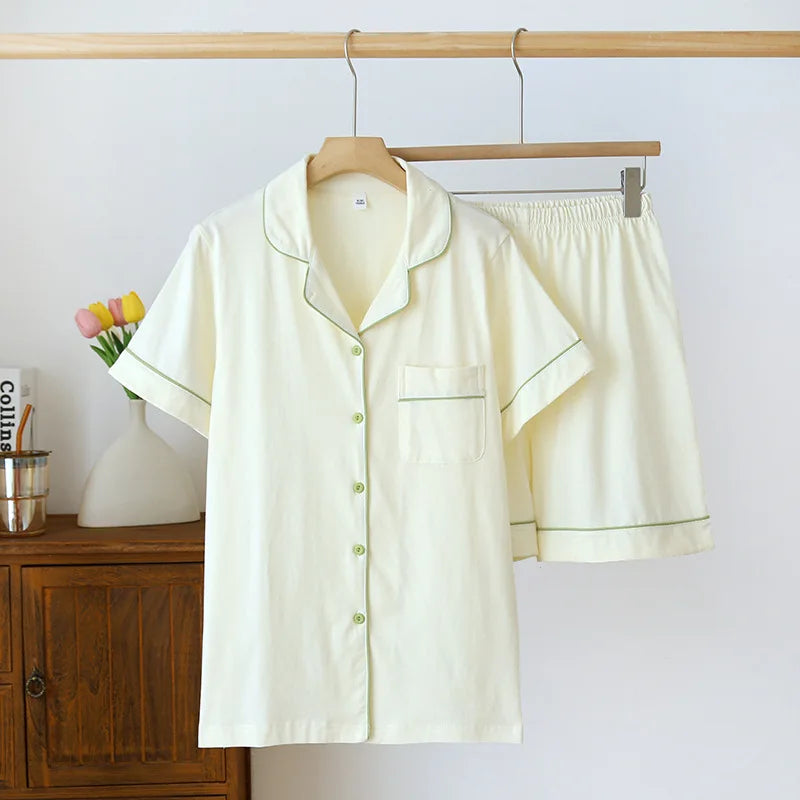 2025 Summer New Women's Pajama Set 100% Knitted Cotton Short Sleeve Shorts Two Piece Cardigan Solid Color Casual Large Homewear